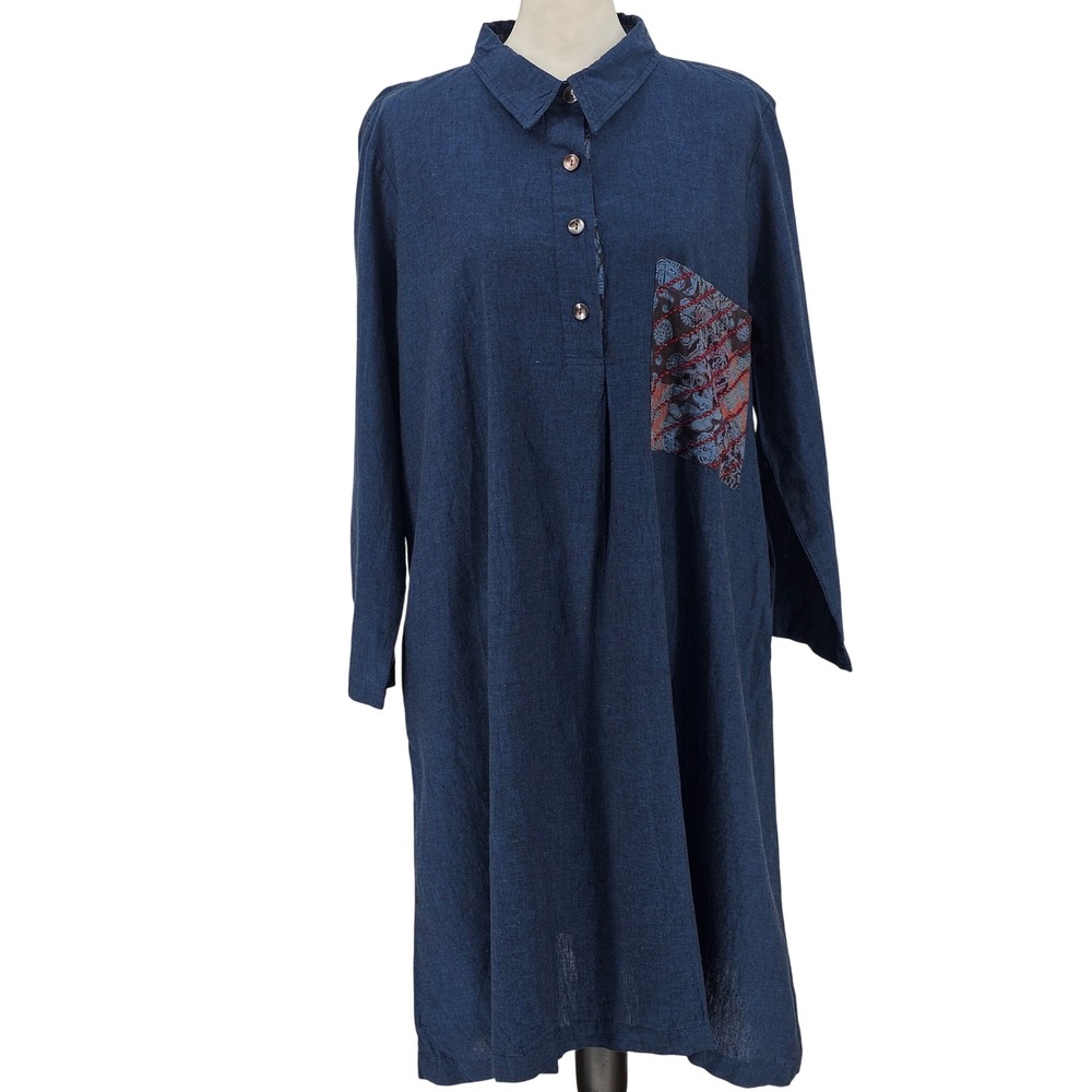 Marketplace Handwork of India Tunic Dress 1X Blue Lagenlook Boho Artisan Coastal